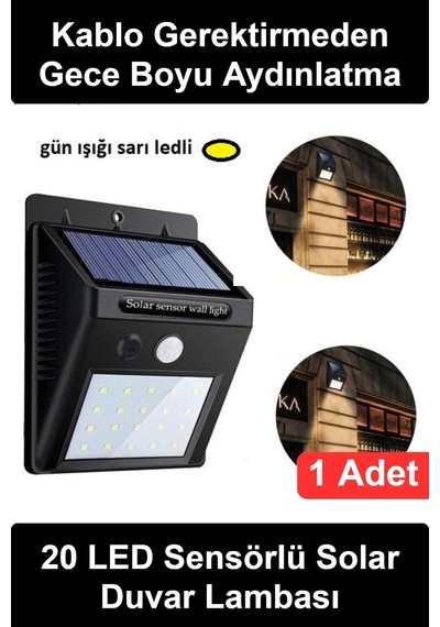 Solarlamba Güneş Enerjili Solar Lamba 20 Led Sarı Gün Işığı Hareket Sensörlü Dış Mekan Duvar Apliği Çok Renkli