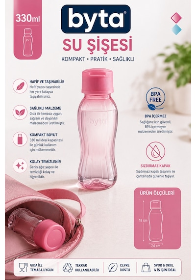 330 Ml Bpa İçermeyen Şeffaf Su Şişesi Sızdırmaz Kapaklı Matara Pembe Pembe
