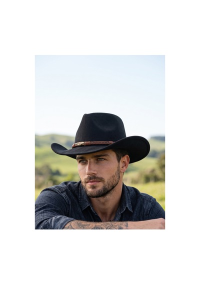 Gigi Luxe Erkek Siyah Western Kovboy Şapkası Örgü Deri Bantlı Cowboy Hat Siyah Siyah