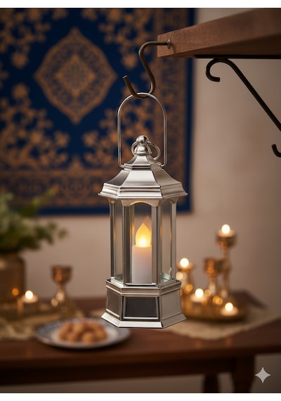 Ramazan Ledli Dekoratif Fener Parlak Gümüş Renk 10 Cm Masa Ve Raf Süsü Diğer