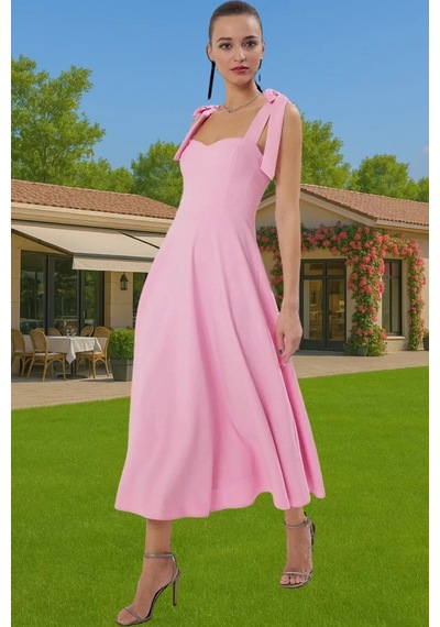 Ersefa Feminen A Kesim Midi Abiye Elbise Polyester Elastan Dokuma Kumaşt Pembe