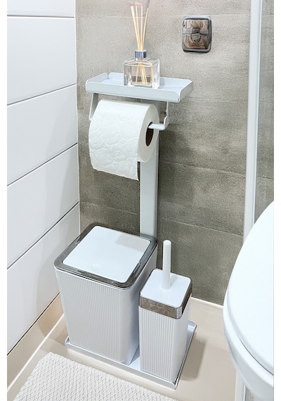 3'ü 1 Arada Banyo Seti Tuvalet Kağıtlık, Çöp Kovası Ve Tuvalet Fırça Takımı Beyaz - Krom