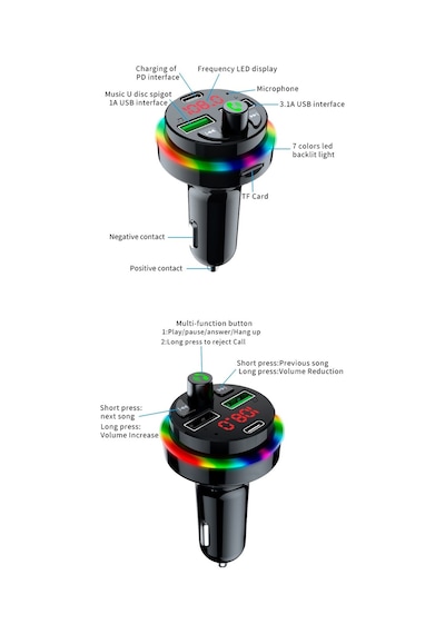 Sprange Stf1 Rgb Işık Pd 25w Qc3.1a Şarj Bluetooth Fm Transmiter