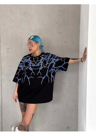 Unisex Yıldırım Baskılı T-shirt - Siyah