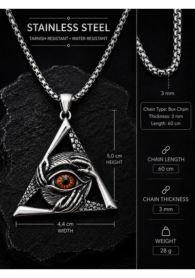 Paslanmaz Çelik Gotik Tasarım Triangle Gizemli Göz Üçgen Kolye Kırmızı
