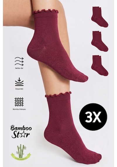 Bamboo Star Bambu Kadın Bordo Fırfırlı Lastiksiz Dikişsiz Kadın Soket 3'lü Bordo Çorap/iz Bırakmaz/sıkmayan Çorap