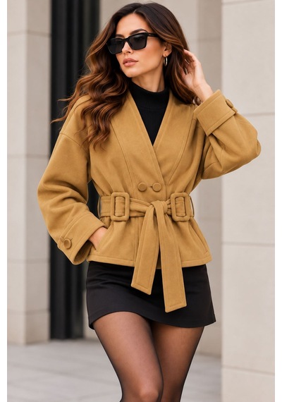 Dip Moda Kadın Camel Süet Dokulu V Yaka Çift Düğmeli Tokalı Kuşaklı Oversize Ceket Dpk020
