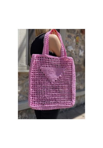 Melonndesign Renkli El Yapımı Hasır Örgü Çanta Pembe