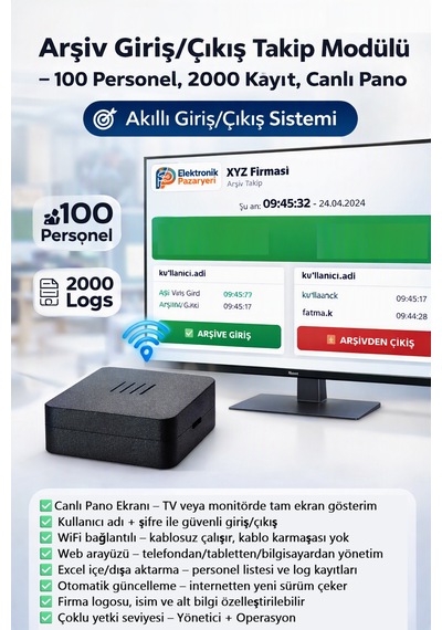 Arşiv Giriş/çıkış Takip Modülü 100 Personel, 2000 Kayıt, Canlı Pano