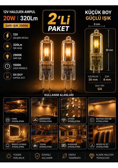 2 Adet Osaka 12volt 20w Sarı Işık G4 Duylu Dim Edilebilir Halojen Kapsül Ampul