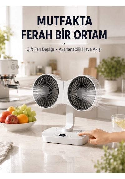 Ayarlanabilir Çift Fan Başlıklı Şarjlı Masa Vantilatörü - Lisinya