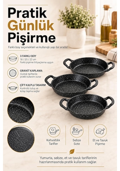 Tr 3'lü Granit Kaplama Döküm Sahan Seti 18, 20 Ve 22 Cm Çift Kulplu Sahan Takımı Diğer