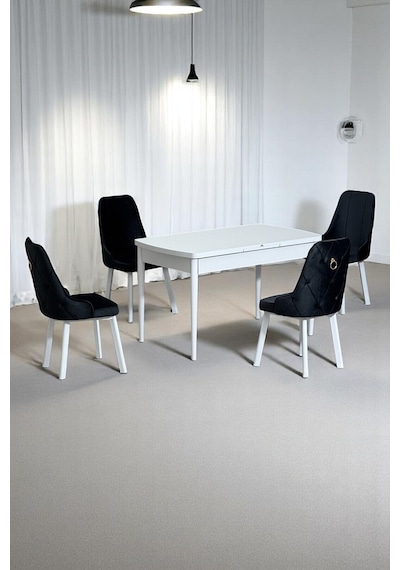 Monera Beyaz 80 x 132 Açılabilen MDF Masa Metal Ayaklı Mutfak Masası Takımı 4 Siyah Sandalye Monera Beyaz 80 x 132 Açılabilen MDF Masa Metal Ayaklı Mutfak Masası Takımı 4 Siyah Sandalye