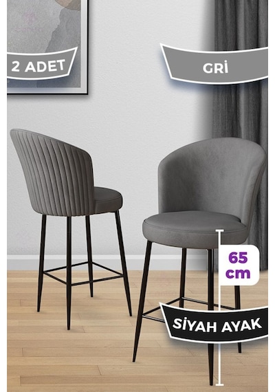 Canisa Alte Serisi 2 Gri Sandalye 65 Cm Ada Mutfak Bar Sandalyesi Babyface Kumaş Siyah Metal Ayaklı Sandalyeler Gri Ayaklar Siyah