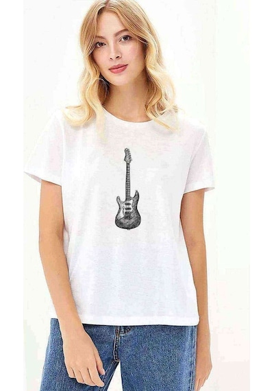 Drawing Elektro Guitar Red Baskılı Beyaz Kadın Tshirt