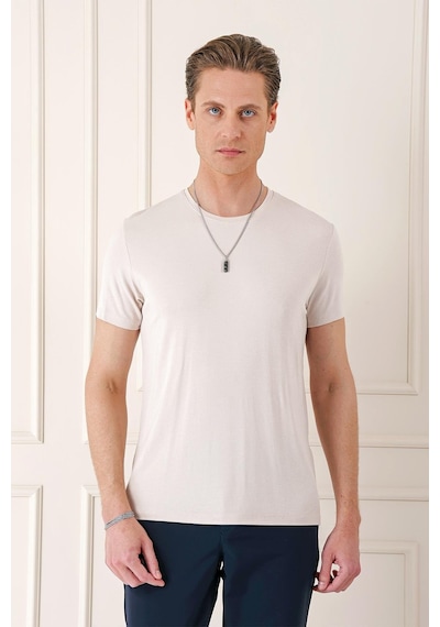 Efor Slim Fit Bisiklet Yaka Düz Pamuklu Açık Bej Tişört Ts 823 Bej