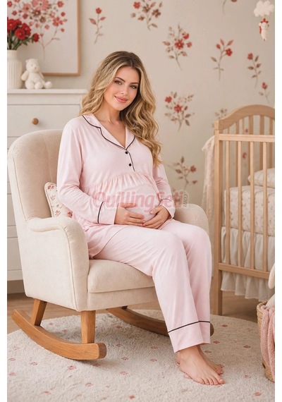 Lady Bebe Pembe Renkli Kol Ve Paçaları Manşetli, 33202 Uzun Kol, 2 Parça Lohusa Hamile Pijama Takımı Açık Pembe