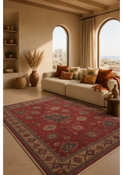 Salon Halısı Bordo Krem Etnik Desenli Kaymaz Taban Th-3025-2 Kırmızı - Krem - Lacivert