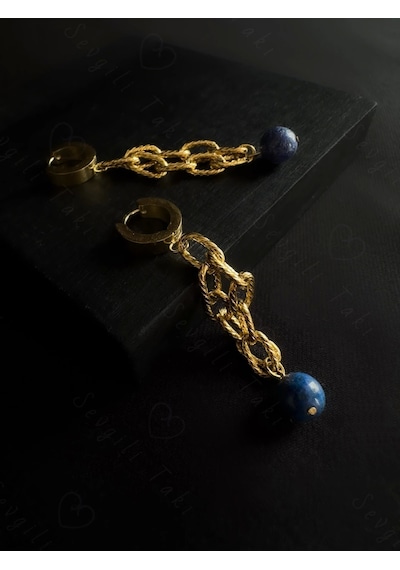 Lapis Lazuli Doğal Taşlı Gold Çelik Küpe Sevgili Takı Koleksiyonu Gold