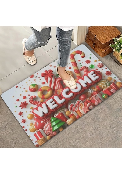 Valerine Life Yılbaşı Baston Ve Yuvarlak Şekerler Welcome Kapı Önü Paspası 45x70cm