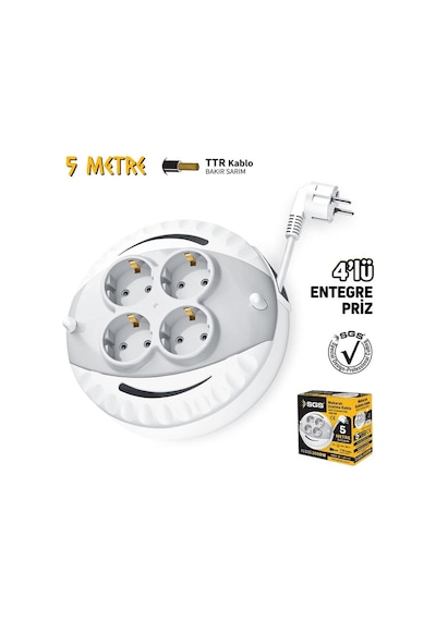 Sgs Saklı Kablolu Makaralı Uzatma Kablosu 3x1 - 4 Priz - 5 Mt. 5 M