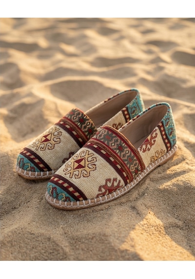 Futsishoes Magnolıa Mavi Kilim Desenli Hakiki Deri Kadın Etnik Desen Espadril Ayakkabı
