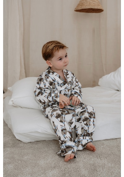 Panda Desenli Yaka Detaylı Çocuk Pijama Takım Mavi