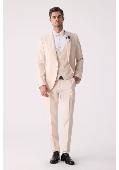 Ysf Erkek Slim Fit Sivri Yaka Yelekli Damatlık Bej