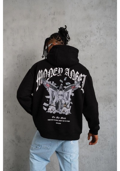 Mbb E-ticaret Erkek 3 İplik Pamuklu Baskılı Kapüşonlu Cepli Sweatshirt Hoodie - Siyah