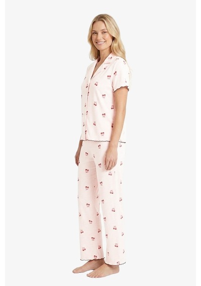 Cottonhill Krem Kiraz Desenli Pointel Gömlek Yaka Kadın Pijama Takımı
