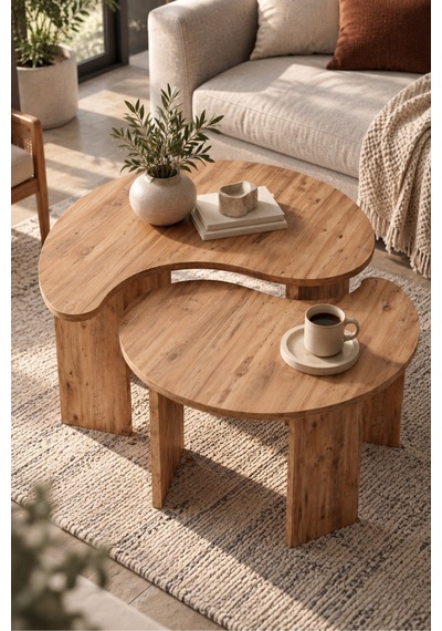 Sulorahome 2'li Oval Modern Orta Sehpa Seti Atlantik Çam