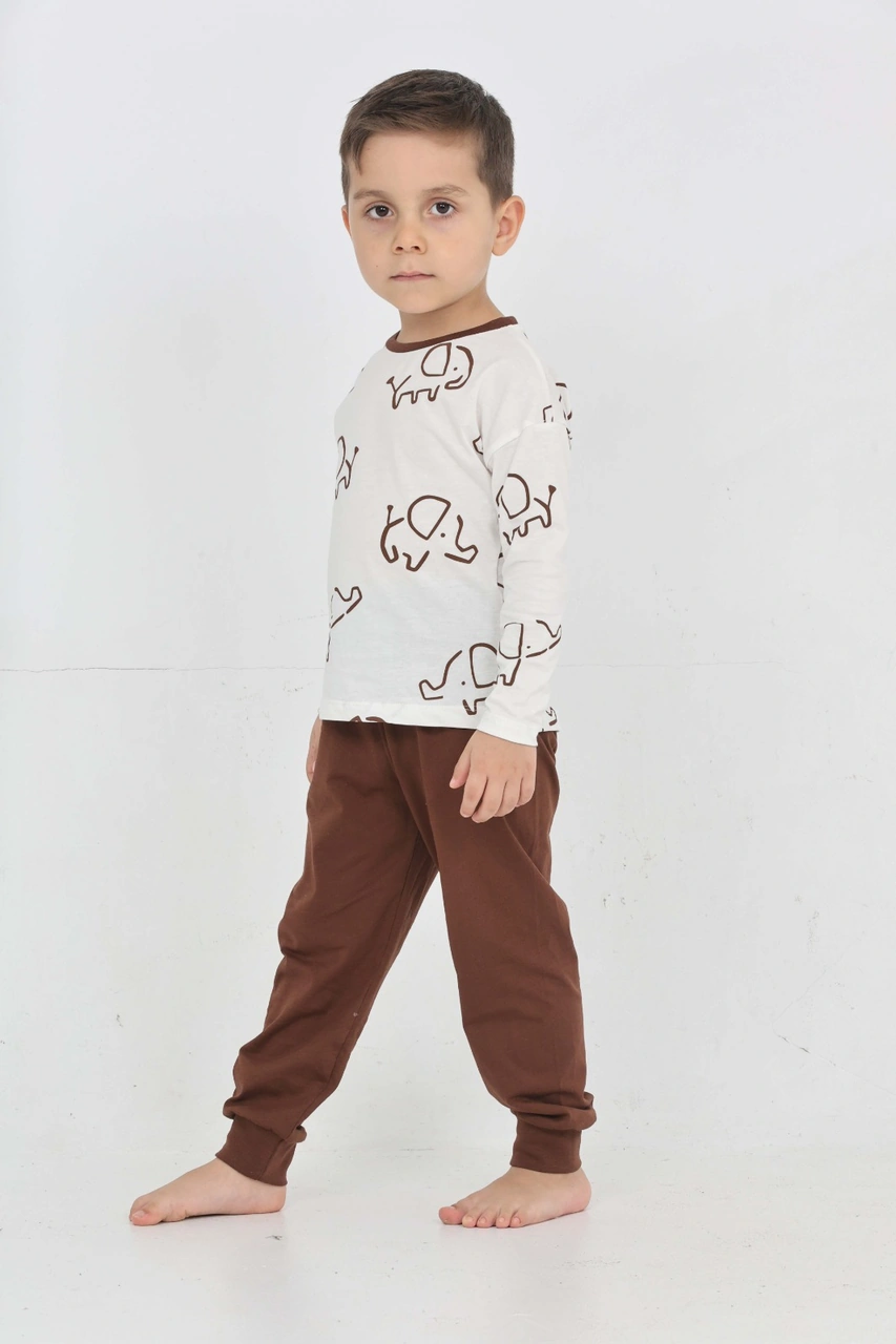 Toontoy Kids Toontoy Erkek Çocuk Fil Pano Baskılı Pijama Takım Kahve