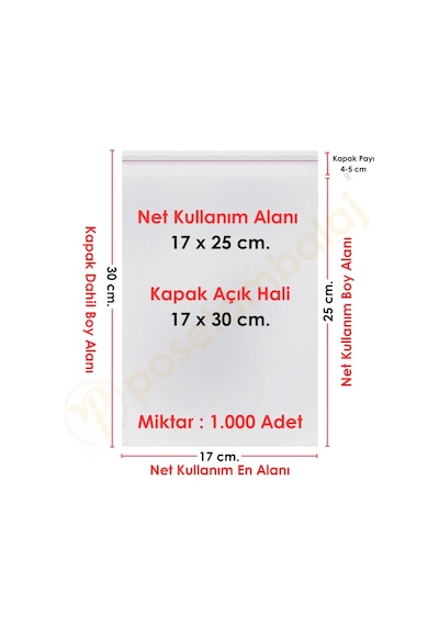 17x25+5 Cm. 17x30 1.000 Adet Şeffaf Bantlı Yapışkanlı Opp Poşet