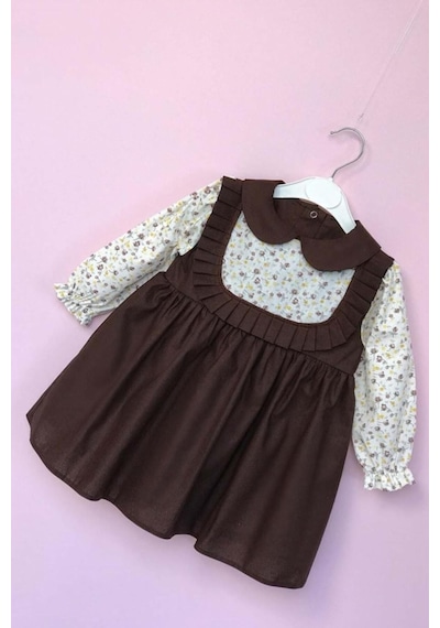 Bebe Yaka Pileli Çiçekli Kahve Kız Çocuk Bebek Elbise 001