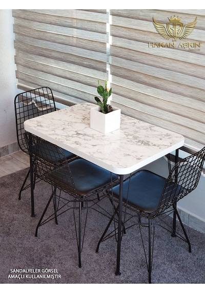 By Hakan Aşkın Siyah Metal Ayaklı 60x90 Cm Kalınlıklı Tek Masa White Marble Mutfak - Balkon - Çalışma Masası