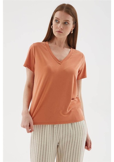 Fashion Friends V Yaka Turuncu Kadın Bluz 26y0144k1