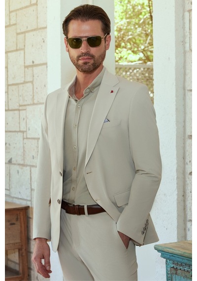 İmza Kendinden Desenli Mono Yaka 6 Drop Slim Fit Takım Elbise 1001260162 Bej