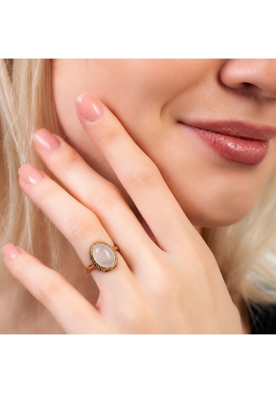 Tesbihane Kadın Bakır Yüzük - Kuvars Doğaltaşlı - Otantik Tasarım - Ayarlanabilir Ölçü Metalik