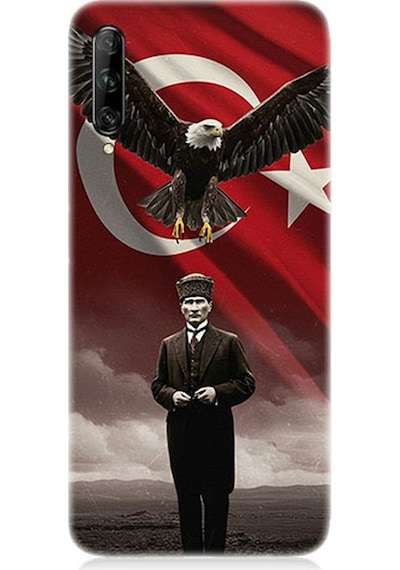 Huawei P Smart Pro Uyumlu Kartal Bayrak Ve Mustafa Kemal Atatürk Desenli Silikon Kılıf Çok Renkli