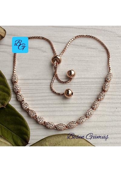 Zirkon Taşlı Rose Oval Asansör Bileklik Gümüş