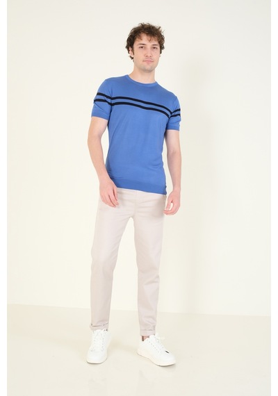 Giyim Dünyası Erkek Sıfır Yaka Çizgili Merserize T-shirt İndigo 001