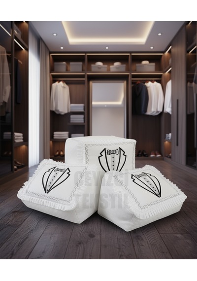 Northcity Çeyizlik Damat Figürlü Saten Dantelli Krem 3lü Bohça, Nişan Gelin Damat Hurcu 3lü, Damat Bohçası