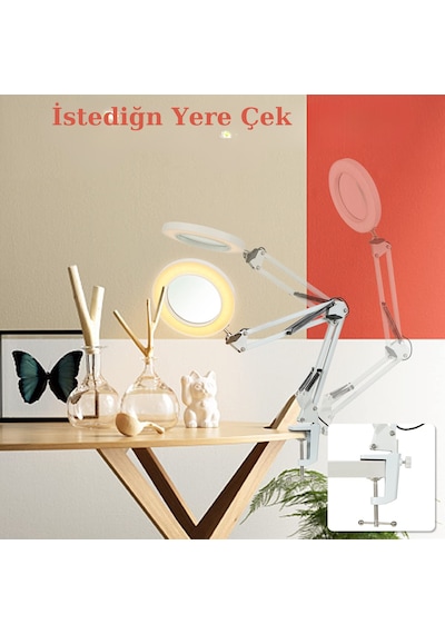 Katlanabilir Led 10x Büyüteç Lamba 3 Renk Modlu Masa Üstü
