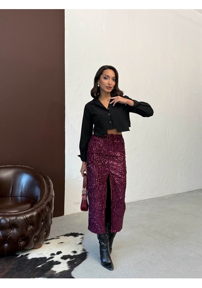 Verymoda Pullu Kadife Uzun Etek F2053 Mürdüm