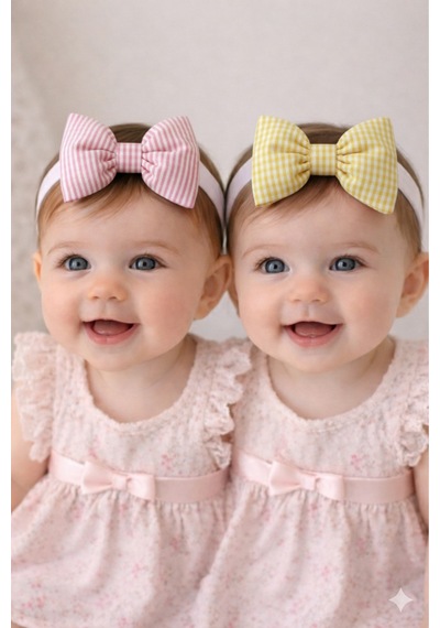Pamuk Kız Bebek Fiyonk Bandana 2'li Set Pembe Çizgili - Sarı Kare Pembe Çizgili - Sarı Kare
