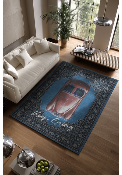 Retro 102 Mavi Gri Vintage Retro Araba Keep Going Yazılı Tasarım Halı Salon Oturma Ev Oda Halısı