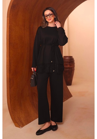Balenbi Kadın Oysh Modal Kumaş Dantel Detaylı Kuşaklı Tunik Pantolon Tesettür Takım 1229 Siyah Balenbi Kadın Oysh Modal Kumaş Dantel Detaylı Kuşaklı Tunik Pantolon Tesettür Takım 1229 Siyah