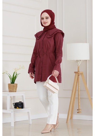 Sevitli Çift Yaka Dantelli Tunik-bordo-4982 Bordo