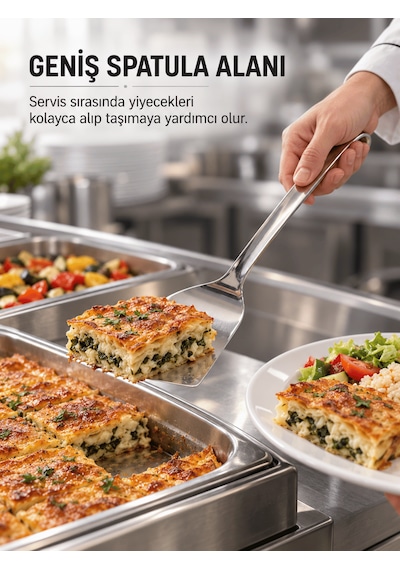 Beylini Endüstriyel Düz Servis Spatulası Delikli Paslanmaz Çelik Uzun Saplı Asılabilir Izgara Tava Lokanta Profesyonel Mutfak Gri