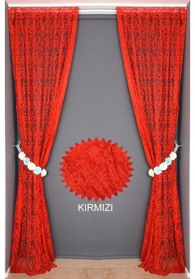 Şal Model Kırmızı Renk Hazır Dikilmiş Pileli Fon Perde 75x260 Cm